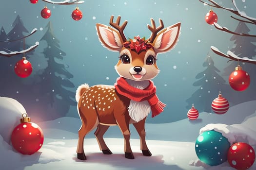 cute cartoon Christmas deer on background. Cute animals with Christmas tree and presents