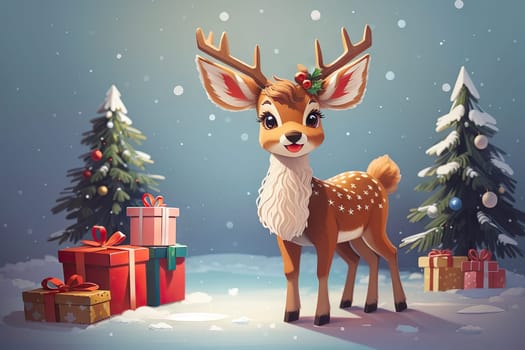 cute cartoon Christmas deer on background. Cute animals with Christmas tree and presents