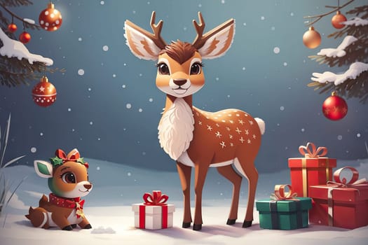 cute cartoon Christmas deer on background. Cute animals with Christmas tree and presents