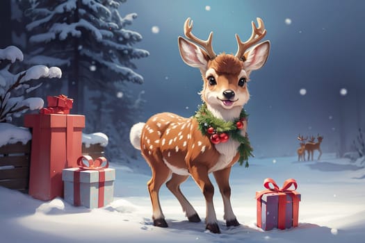 cute cartoon Christmas deer on background. Cute animals with Christmas tree and presents