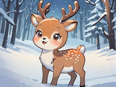 Cartoon cute Christmas reindeer illustration on winter background