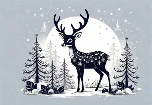 Merry Christmas and happy new year greeting card with cute deer. Holiday cartoon character in winter season.