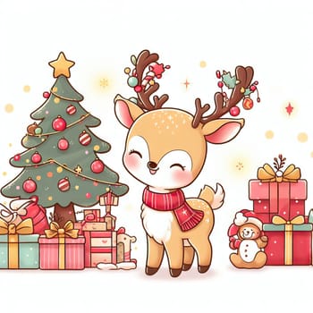 Merry Christmas and happy new year greeting card with cute deer. Holiday cartoon character in winter season.