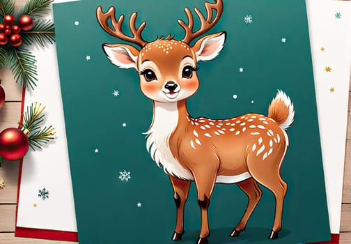 Cartoon cute Christmas reindeer illustration on winter background