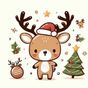 Merry Christmas and happy new year greeting card with cute deer. Holiday cartoon character in winter season.