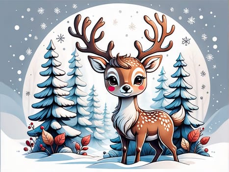 Cartoon cute Christmas reindeer , Happy deer at forest.