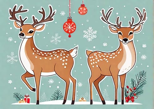 Painted deer with Christmas tree and gifts to create holiday cards, backgrounds and decorations.