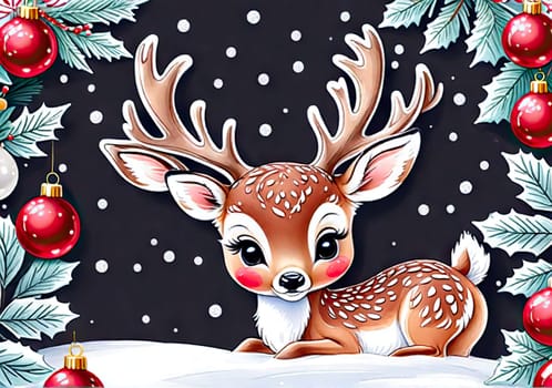 Cartoon Christmas reindeer on background winter landscape. postcard for your design