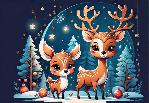 Merry Christmas and happy new year greeting card with cute deer. Holiday cartoon character in winter season.