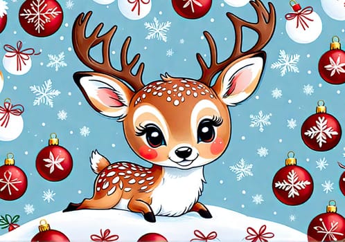 Cartoon Christmas reindeer on background winter landscape. postcard for your design