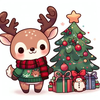 cute cartoon Christmas deer on background. Cute animals with Christmas tree and presents