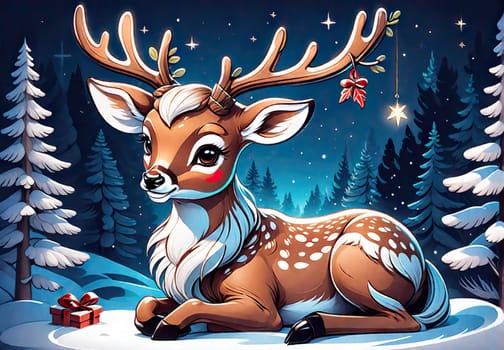 Merry Christmas and happy new year greeting card with cute deer. Holiday cartoon character in winter season.