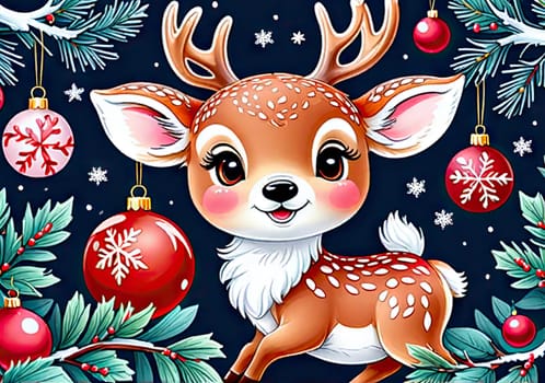 Cartoon Christmas reindeer on background winter landscape. postcard for your design