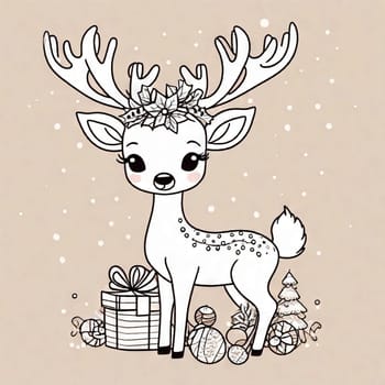 Painted deer with Christmas tree and gifts to create holiday cards, backgrounds and decorations.