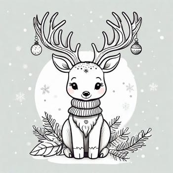 Painted deer with Christmas tree and gifts to create holiday cards, backgrounds and decorations.