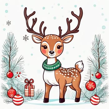 Painted deer with Christmas tree and gifts to create holiday cards, backgrounds and decorations.