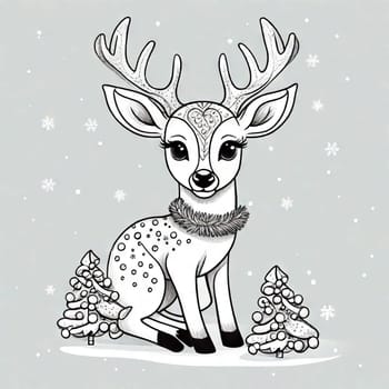 Painted deer with Christmas tree and gifts to create holiday cards, backgrounds and decorations.