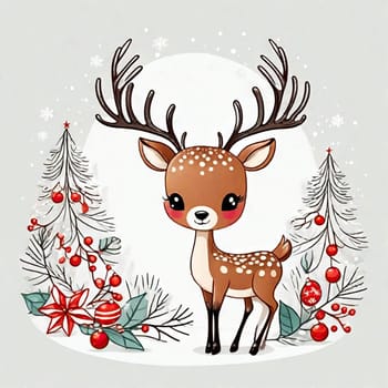 Painted deer with Christmas tree and gifts to create holiday cards, backgrounds and decorations.