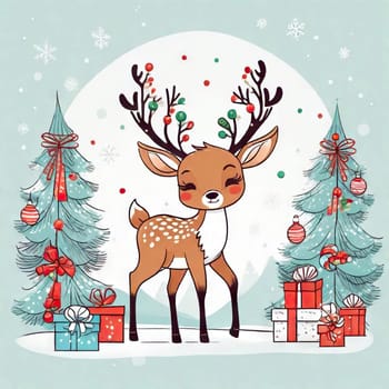 Painted deer with Christmas tree and gifts to create holiday cards, backgrounds and decorations.