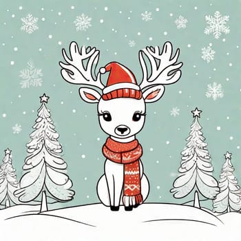 Painted deer with Christmas tree and gifts to create holiday cards, backgrounds and decorations.