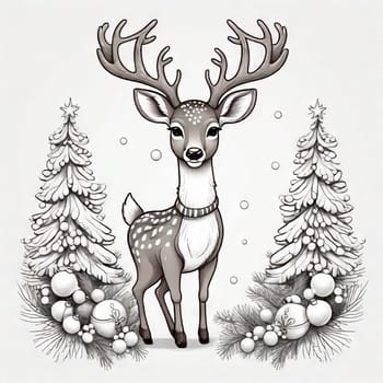 Painted deer with Christmas tree and gifts to create holiday cards, backgrounds and decorations.