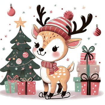 Merry Christmas and happy new year greeting card with cute deer. Holiday cartoon character in winter season.