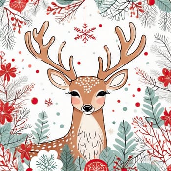 Painted deer with Christmas tree and gifts to create holiday cards, backgrounds and decorations.