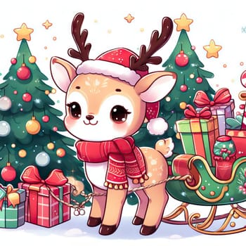 cute cartoon Christmas deer on background. Cute animals with Christmas tree and presents