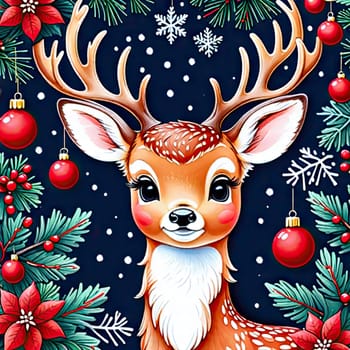 Merry Christmas and happy new year greeting card with cute deer. Holiday cartoon character in winter season.