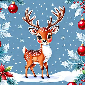 Merry Christmas and happy new year greeting card with cute deer. Holiday cartoon character in winter season.