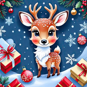 Merry Christmas and happy new year greeting card with cute deer. Holiday cartoon character in winter season.