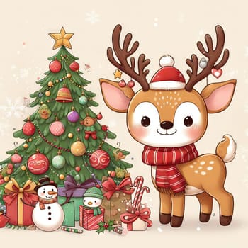 Cartoon cute Christmas reindeer illustration on winter background