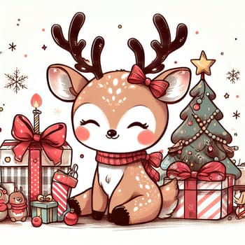 Merry Christmas and happy new year greeting card with cute deer. Holiday cartoon character in winter season.