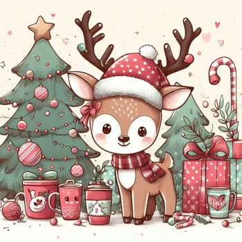 Merry Christmas and happy new year greeting card with cute deer. Holiday cartoon character in winter season.