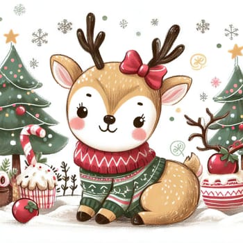 cute cartoon Christmas deer on background. Cute animals with Christmas tree and presents