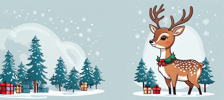 Cartoon Christmas reindeer on background winter landscape. postcard for your design