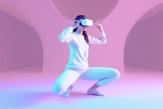 technology woman glasses sport 3d innovation cyberspace game digital metaverse reality cyber vr lifestyle virtual smart neon concept tech cyborg headset. Generative AI.