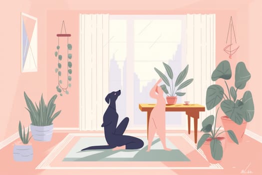 dog woman fitness female stretching person relaxation zen body cat training pet happy yoga cartoon home healthy lifestyle gymnastics sport mat. Generative AI.