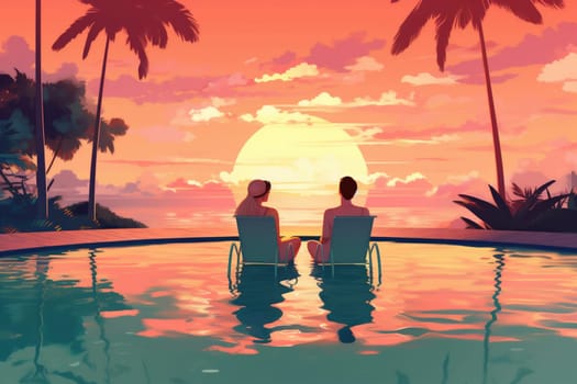 man hotel back romantic pool vacation love travel lovers paradise swimming couple escape honeymoon romance getaway bali together sunset relax. Generative AI.