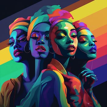 woman head red eye fashion hair neon colourful pride silhouette illustration art portrait face black colours person human afro design rainbow. Generative AI.