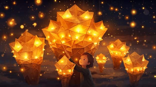 moon nebula kid light astronomer landscape nature lantern space cosmos astronomy starry night person child star sky festival deep fantasy. Generative AI.