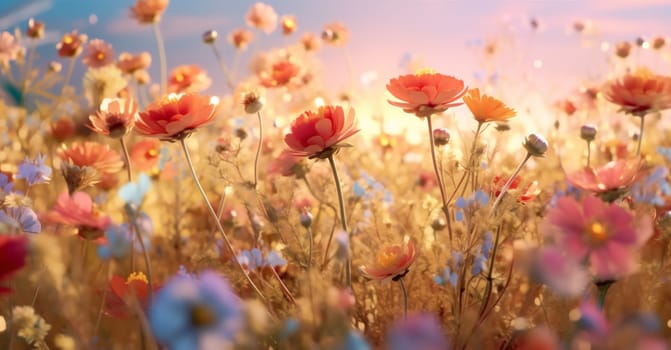 background flower wild bright sunset summer blooming sky pretty meadow nature fresh beautiful countryside pink petal violet color field plant autumn. Generative AI.