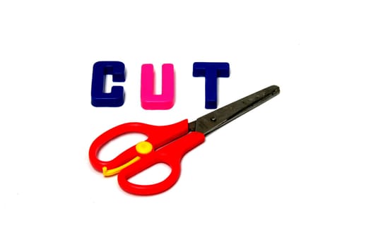 Pair of scissors used to cut paper, cloth, tape, etc.