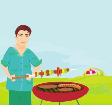 man cooking on his barbecue on rural landscape