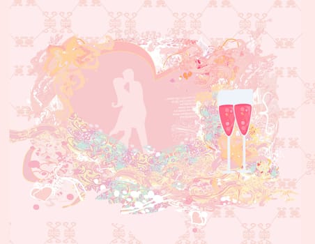 Floral greeting card with silhouette of romantic couple and two glasses chapagne