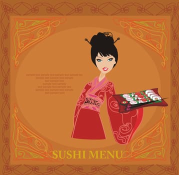 beautiful Asian girl enjoy sushi - menu template