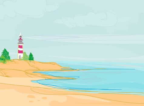 lighthouse seen from a tiny beach - Grunge Poster