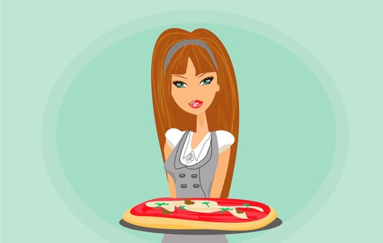 beautiful woman waitress enjoys pizza