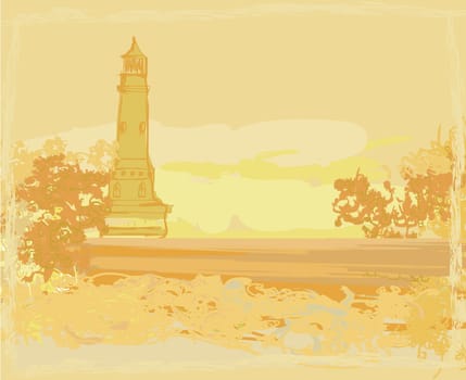 lighthouse seen from a tiny beach - Grunge Poster