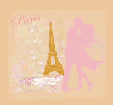Romantic couple in Paris kissing near the Eiffel Tower Retro card